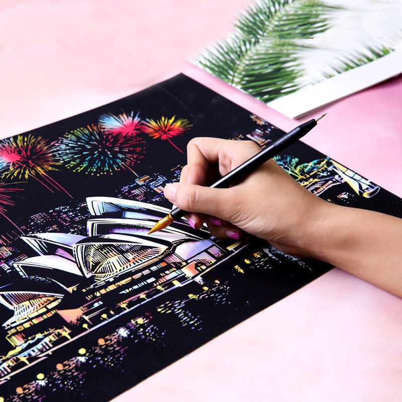40.5*28.5cm Kids Coloring Scratch Picture DIY Toy of City Night View/Adult Handmade Scraping Painting Paper for Stress Relief